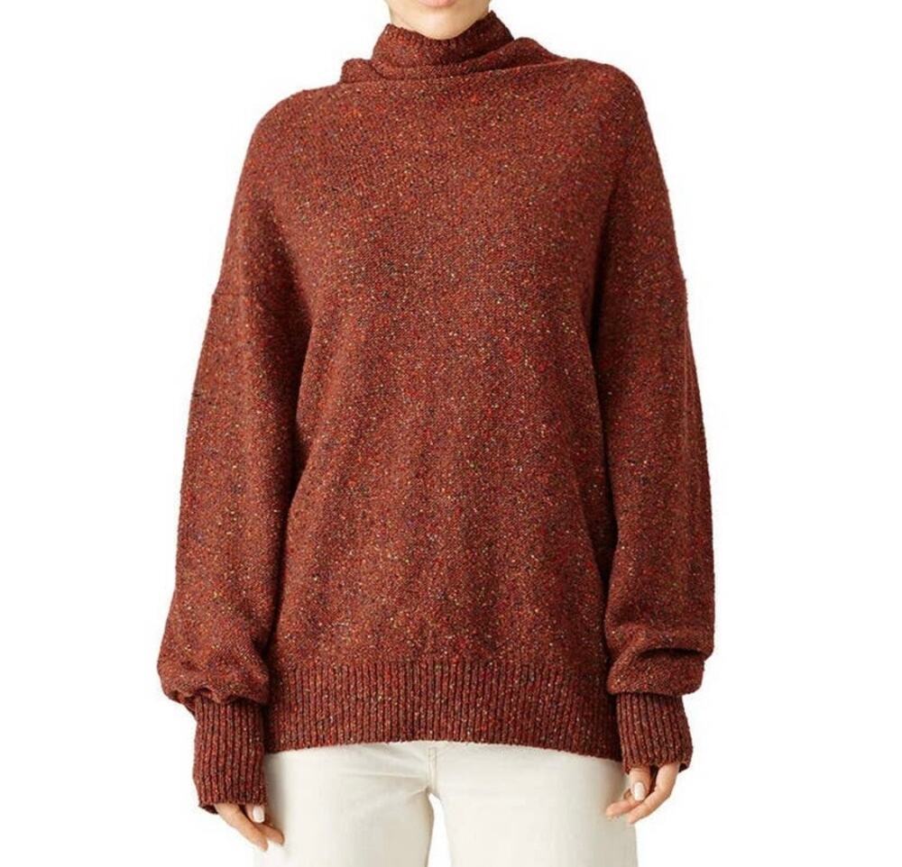 Tibi Sweater Small Terracotta Brown Tweed Knit Oversized Turtleneck Long
